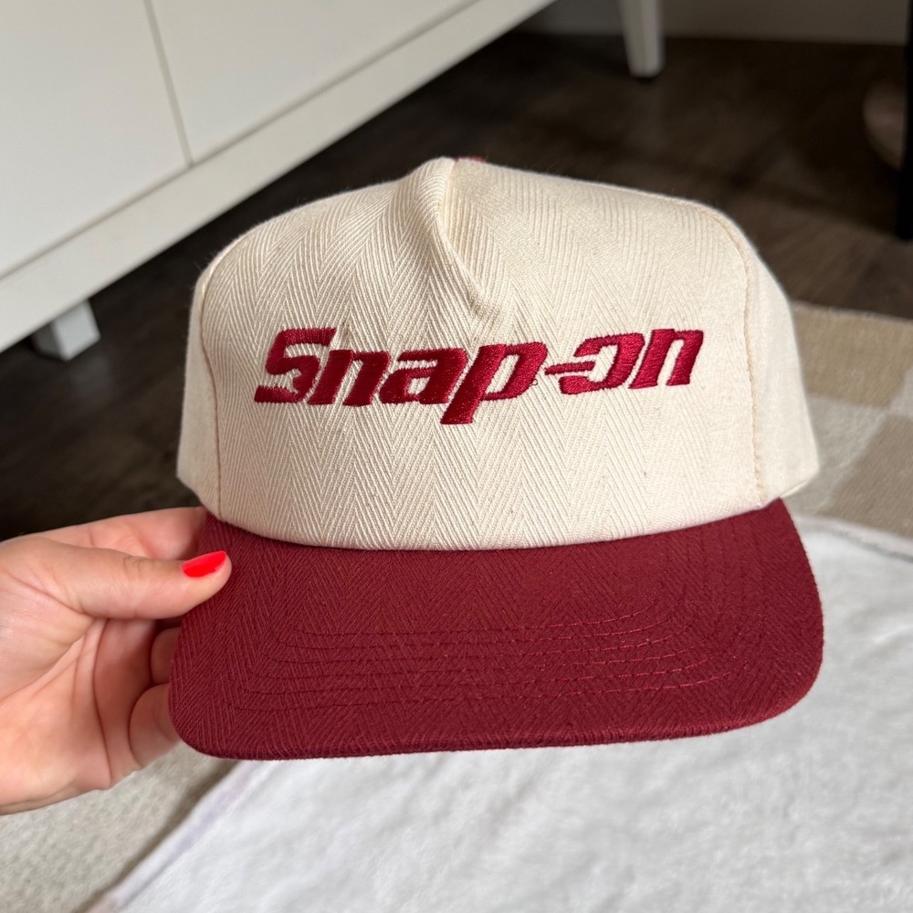 Snap-on Tools Vintage Snapback Hat Cream Maroon Red Herringbone USA